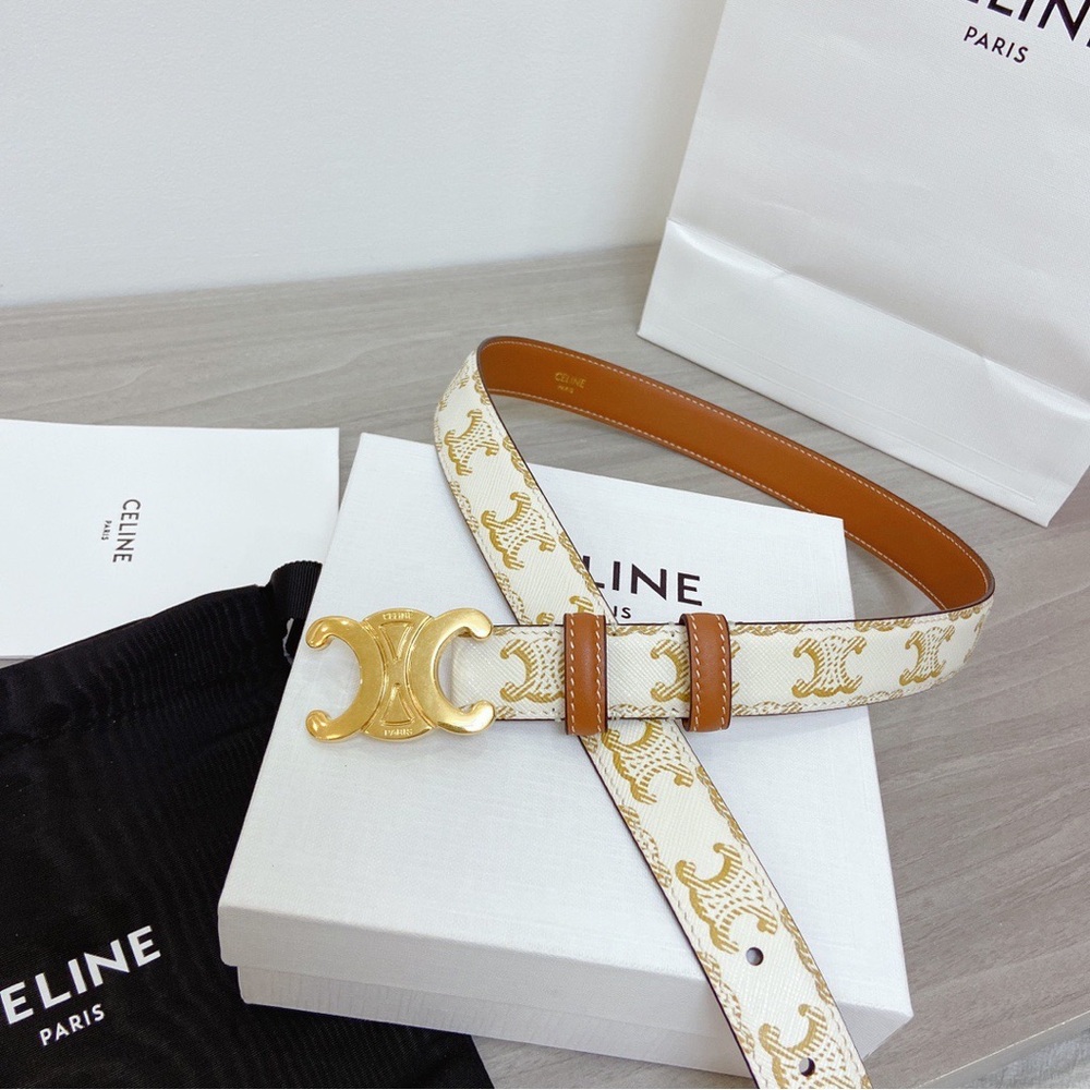 CELINE White Triomphe Leather Belt with Gold
Buckle - Full Set with Box🌻